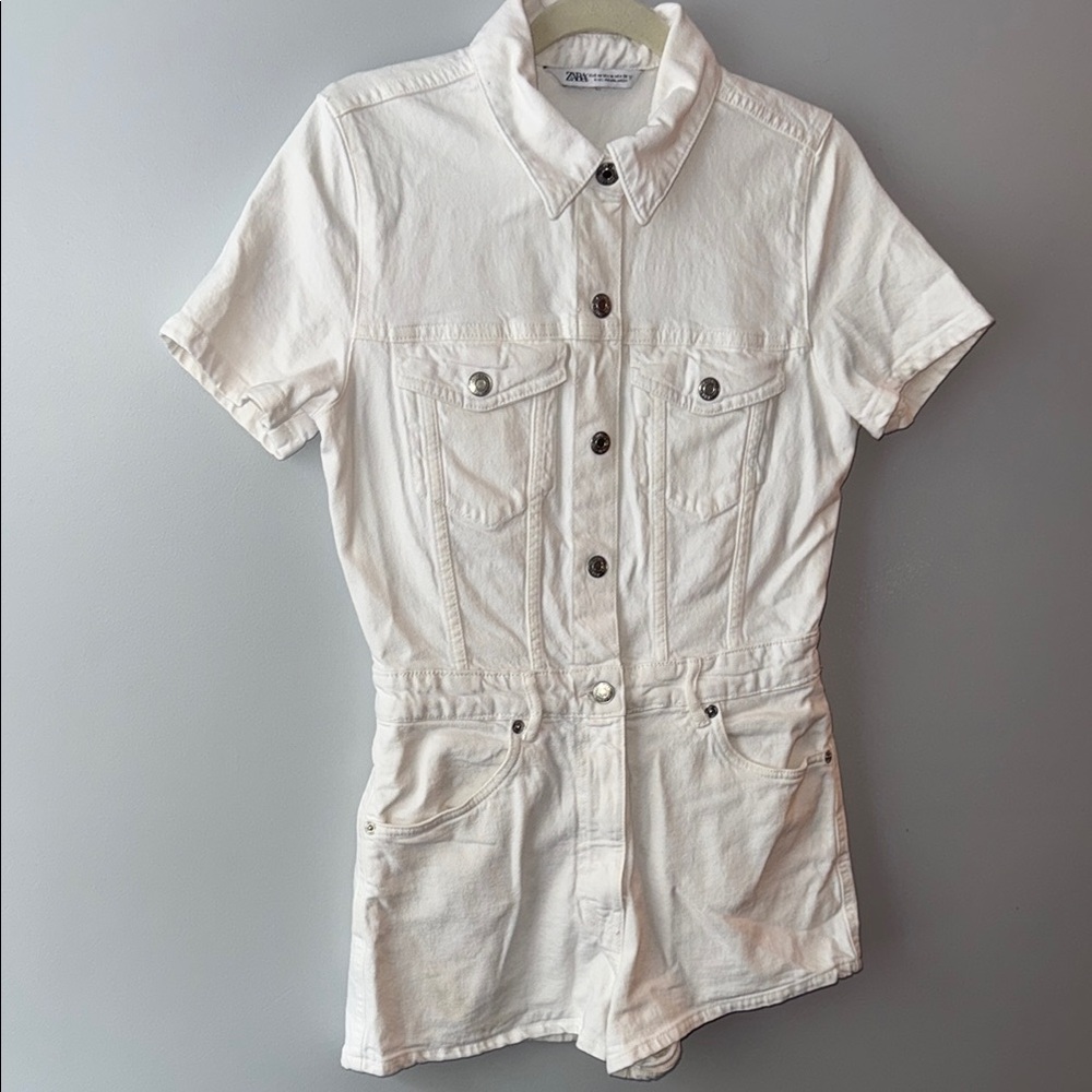 Zara Off-White Short Sleeve Denim Playsuit